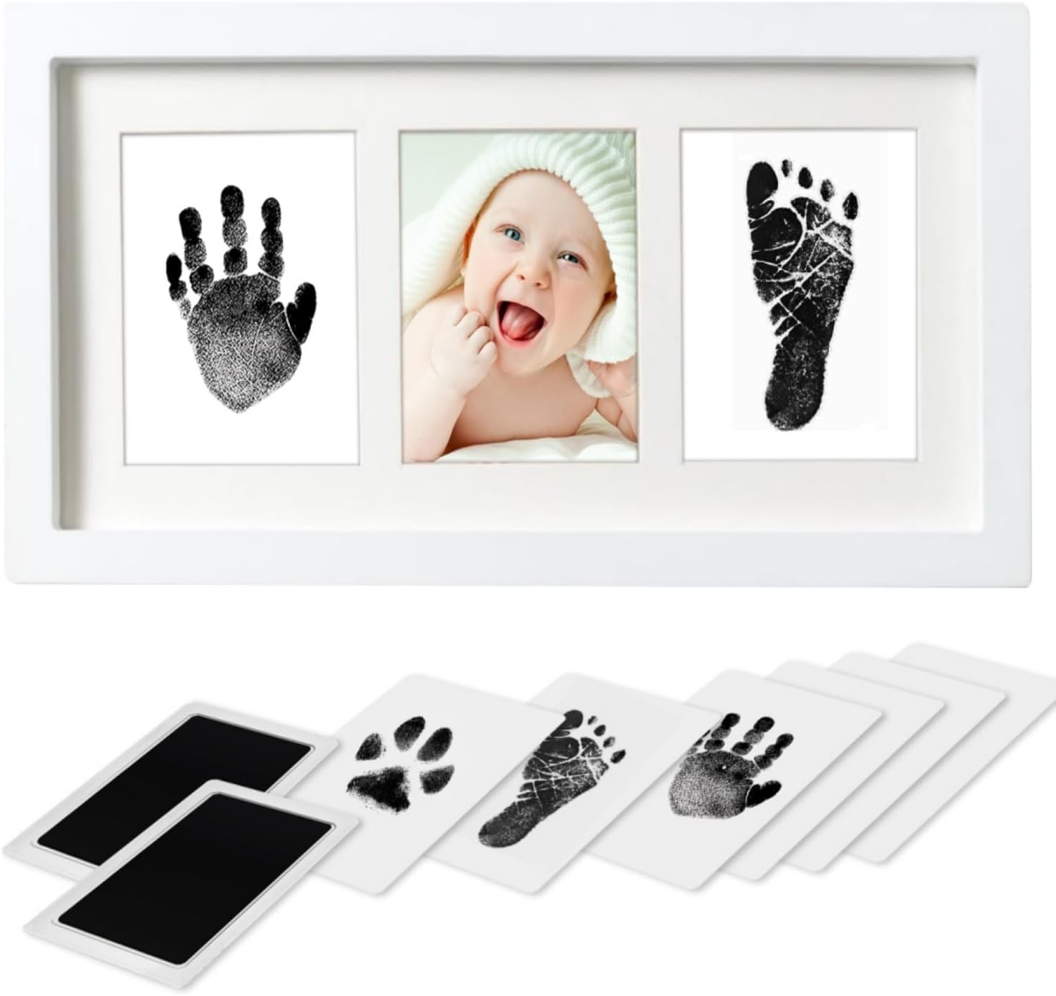 PewinGo Baby Fußabdruck Set,Baby Handabdruck mit 2 Tintenlos,Stempelkissen und Elegant Hölzern Baby Bilderrahmen-Sinnvolle Geschenke zur Neugeboren-Weiß