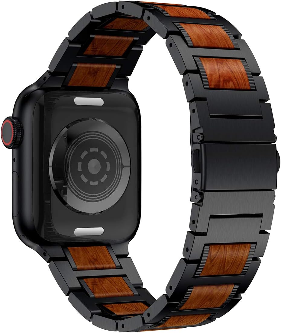 LDFAS Compatible for Apple Watch Band 45mm 44mm 42mm, Natural Wood Red Sandalwood Stainless Steel Metal Strap for iWatch Bands Compatible for Apple Watch SE, Apple Watch Series 7/6/5/4/3 Black 49MM/45MM/44MM/42MM