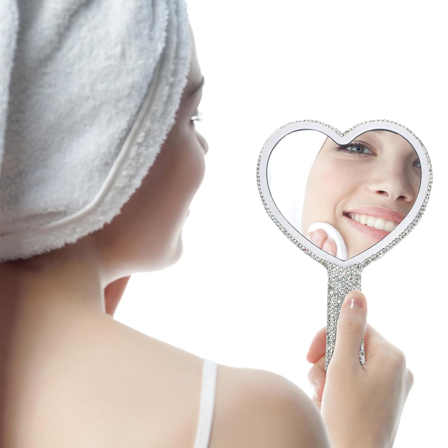 Covzoe 2 Pack Rhinestone Mirror Handheld, Bling Heart Shaped Hand Mirrors, Portable Single Sided Makeup Mirror with Handle, Cosmetic Glitter Mirrors for Women Travel Beauty