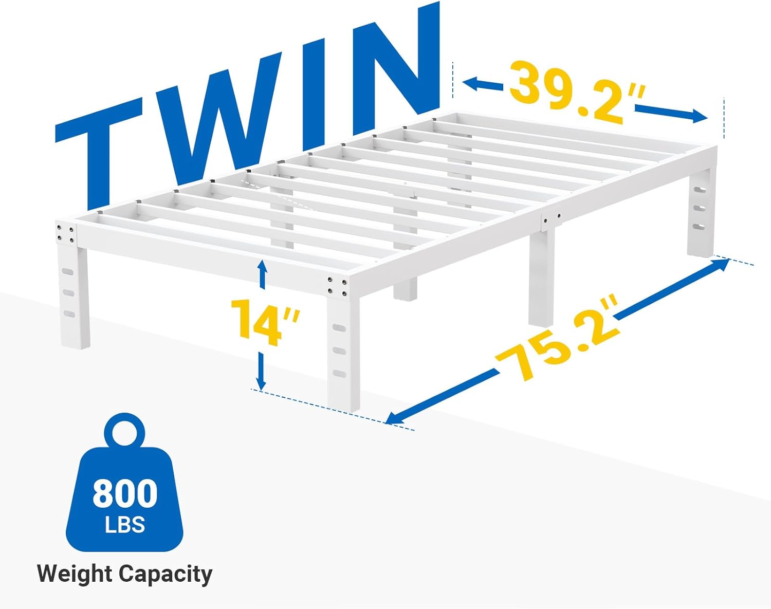 avenco metal platform bed frame twin size 14 inch – noise free quiet design, heavy duty steel support, under bed storage, easy assembly, no box spring needed 14 inch twin white