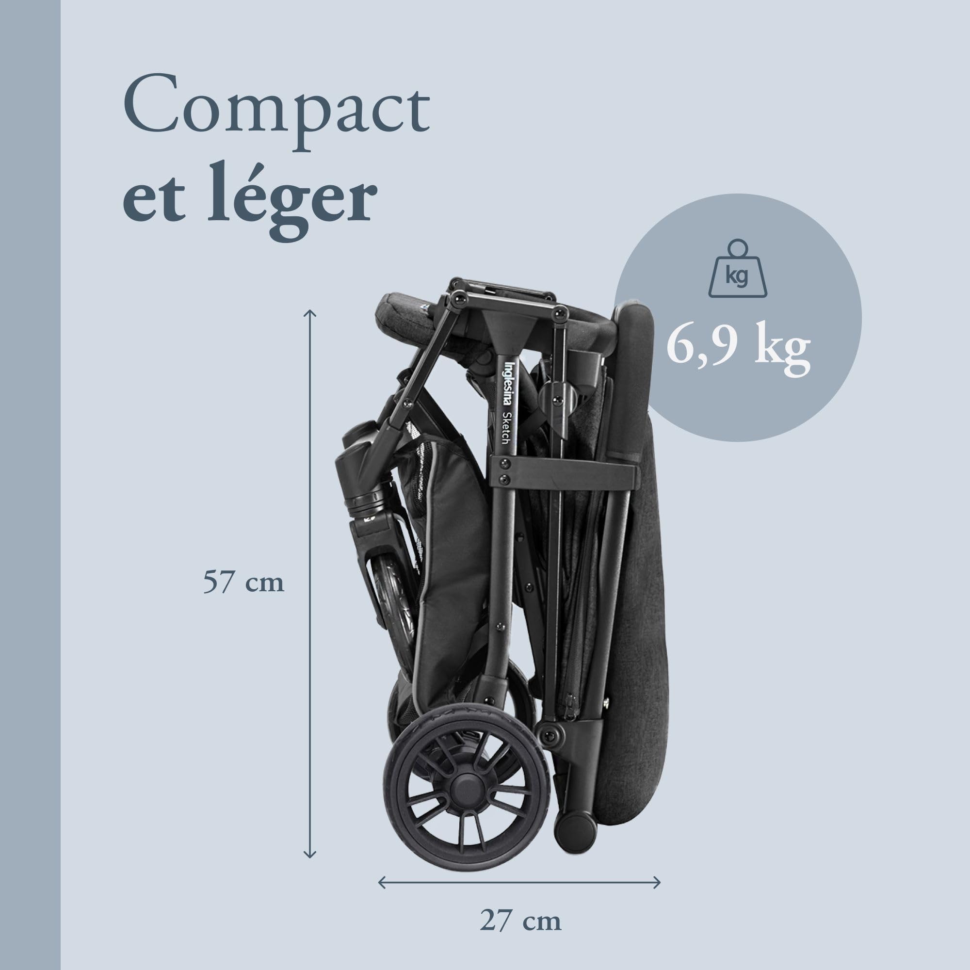 Inglesina Sketch Poussette Légère et Compacte, Noir, Confortable, jusqu'à 17kg, Pliage à une main, UPF 50+