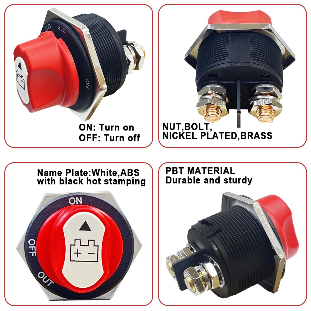 Marine Battery Disconnect Switch 12-48V 300A Battery Disconnect Cut Shut Off Isolator Switch for Marine Boat RV ATV Car Utv Vehicle, Max 32V DC 450A Power Battery Switches (On-Off-Out)