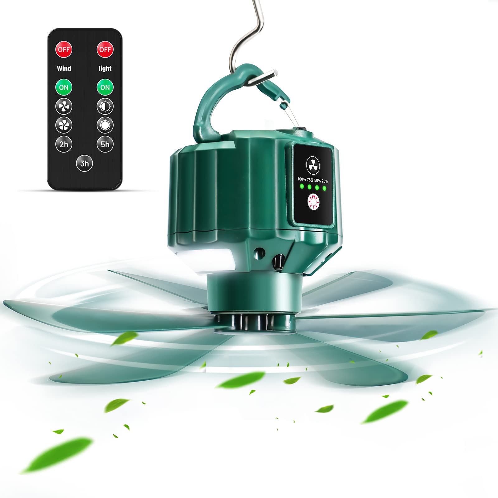Ventilador portátil de camping al aire libre recargable – Ventilador USB de 10400 mAh con luz LED y control remoto, para tienda, techo, viajes (temporizador, 3 velocidades y niveles de luz)