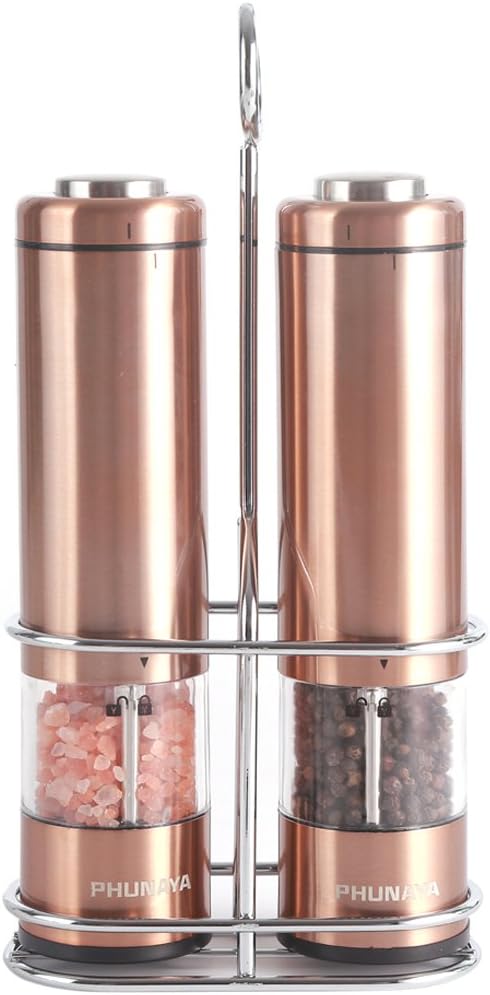 Electric Salt and Pepper Grinder Set With Upgraded Motor | Complimentary 304 Stainless Steel Mill Stand | LED Light |Battery Operated | Adjustable Ceramic Coarseness |set of 2 (Copper)