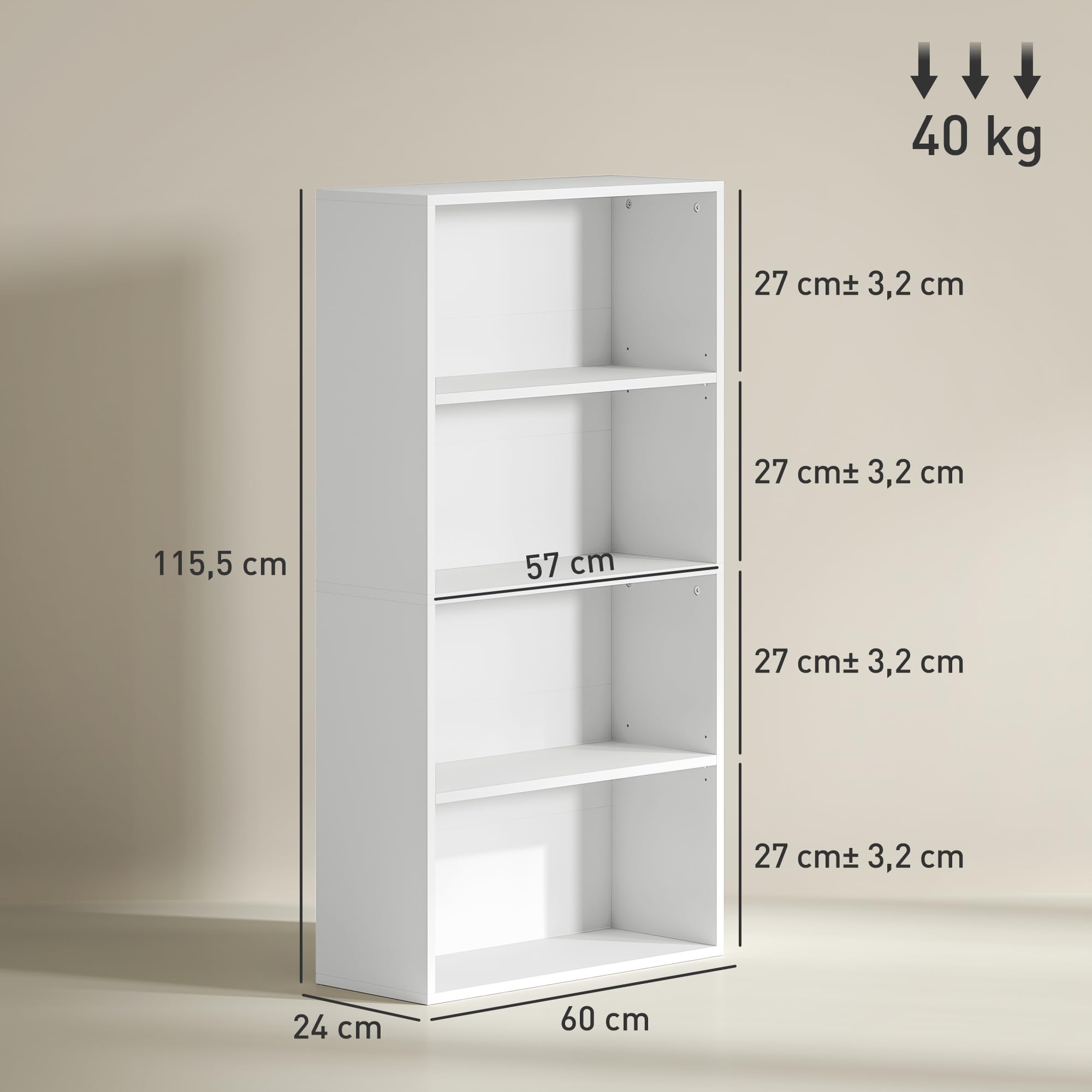HOMCOM Librería de 4 Niveles Estantería de Libros con 2 Estantes Ajustables para Sala de Estar Oficina Dormitorio 60x24x115,5 cm Blanco