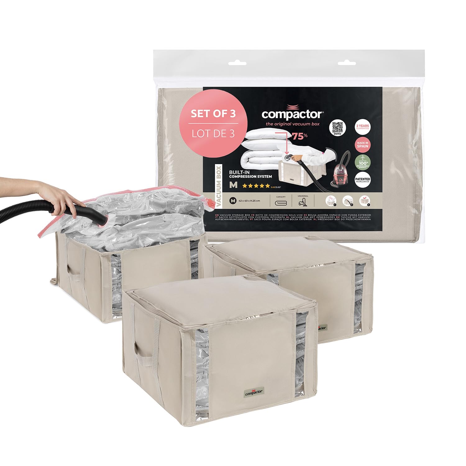 COMPACTOR- Lot de 3 housses de rangement sous vide Taille M - 42 x 40 x H27 cm - Coloris beige - Compression avec aspirateur - Valve brevetée - Grande capacité - Linge protégé