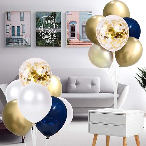 Miniatura 6 de Globos de confeti de color azul marino y dorado, 50 unidades, 12 pulgadas, color blanco perla y dorado metálico de cromo para celebración,