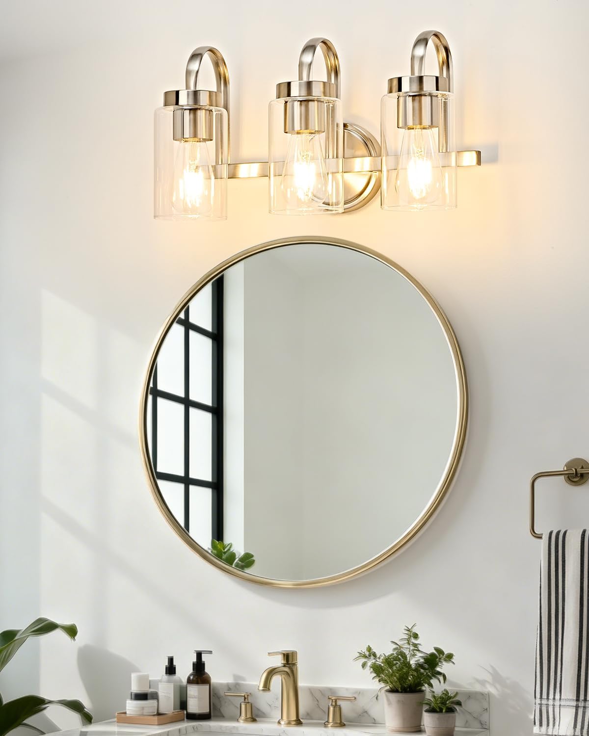 3 Light Bathroom Vanity Light, Brushed Nickel Vanity Lights for Bathroom, Modern Light Fixtures Over Mirror with Clear Glass Shade, Wall Sconce Lighting for Bedroom Living Room Hallway