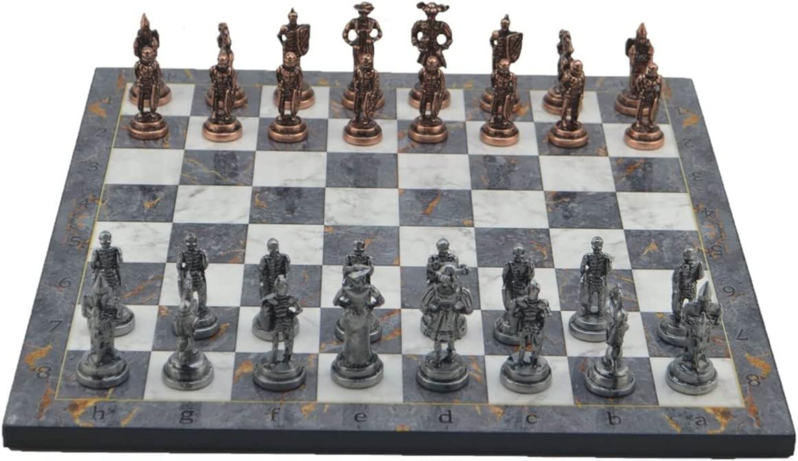 Metal Chess Set for Adults Spanish Royal Guards Antique Copper Figures,Handmade Pieces and Different Design Wooden Chess Board (Gray Marble)