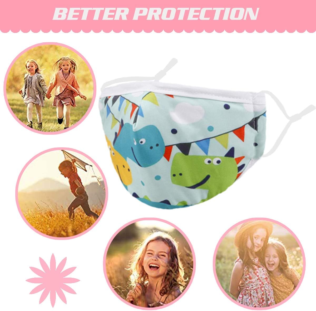 Woplagyreat Dinosaur Kids Face Mask with Adjustable Ear Loops, Soft Fabric Washable Reusable Cover, Designer Breathable Madks Facemask for Girl Boy Children Gift