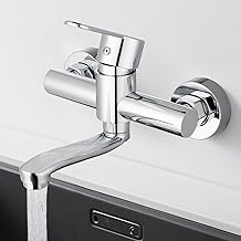 Robinet Mural Cuisine rotatif à 360° Robinet Evier 304 Inoxydable avec bec 15cm Eau Chaude et Froide, Trous de Montage Réglables Chromé