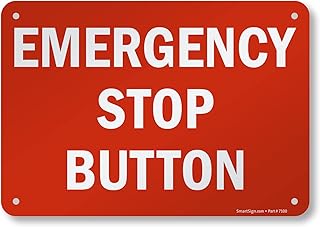SmartSign 7 x 10 inch “Emergency Stop Button†Sign with Pre-Cleared Holes, Digital Printing, 55 mil HDPE Plastic, Red and White