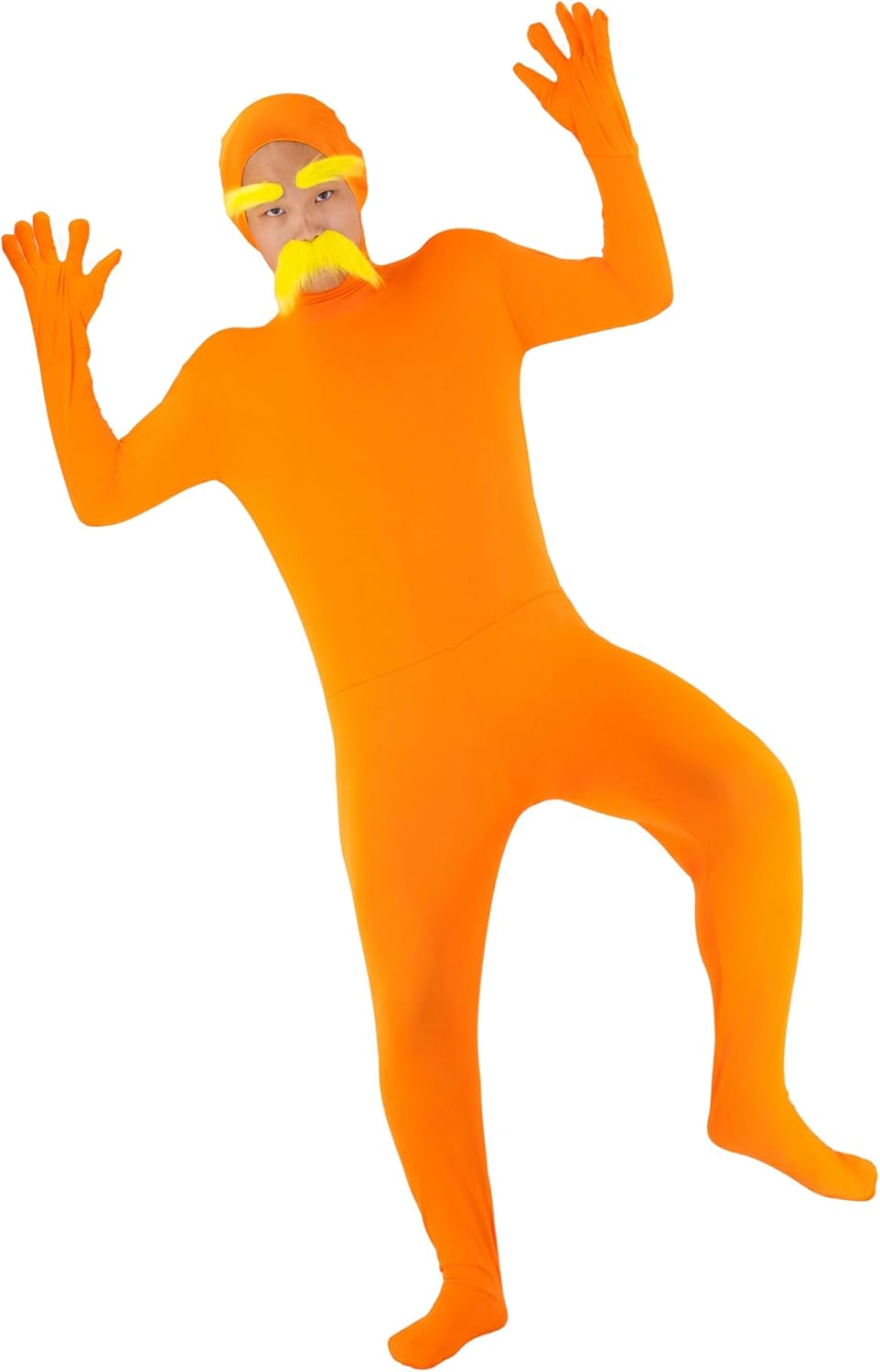 Orange Halloween Costume with Yellow Mustache Eyebrows Adult Open Face Bodysuit Men Women Full Body Zentai Jumpsuit