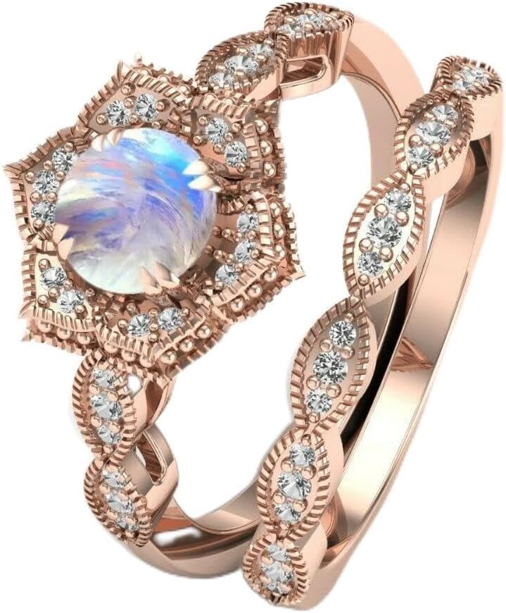 Purple Star 14K Rose Gold Plated Moonstone Engagement Ring and Wedding Band Bridal Jewelry 925 Sterling Silver