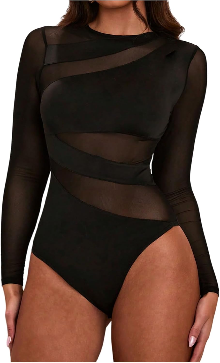 GORGLITTER Women's Sheer Mesh Long Sleeve Tee Bodysuits Crewneck Sexy Leotard Shapewear Tops