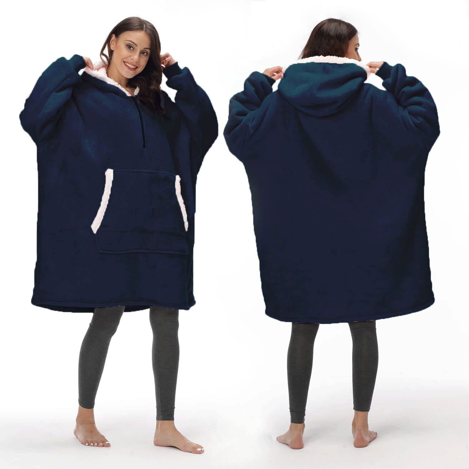 Sweat à capuche couverture zippé en flanelle bleu marine pour adulte
