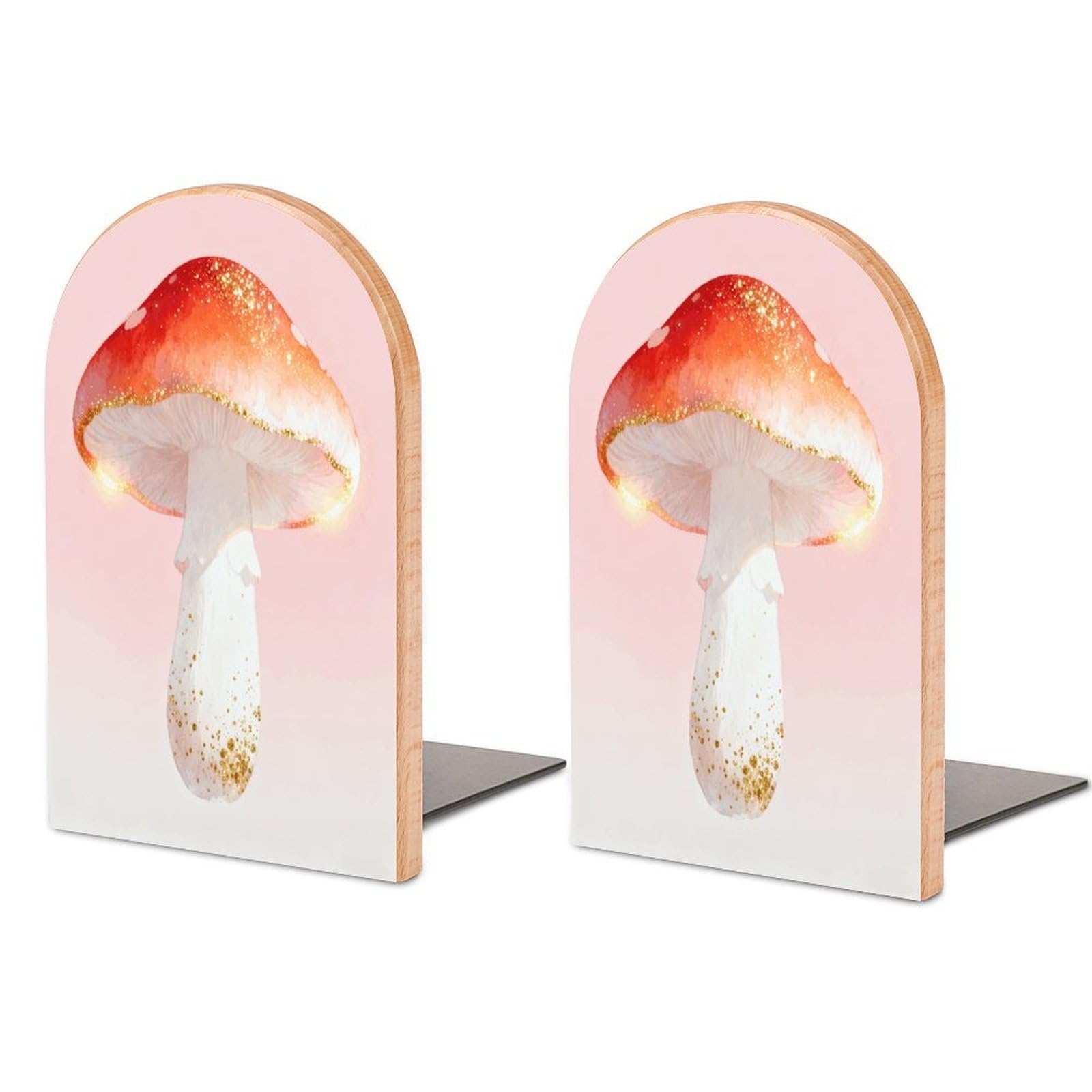 Mushroom White Book Ends Wood Non-Skid Bookend for Shelves Heavy Duty Bookends with Metal Base Decorative Books Stopper Desk Organizers Book Dividers for Office Home 1 Pair