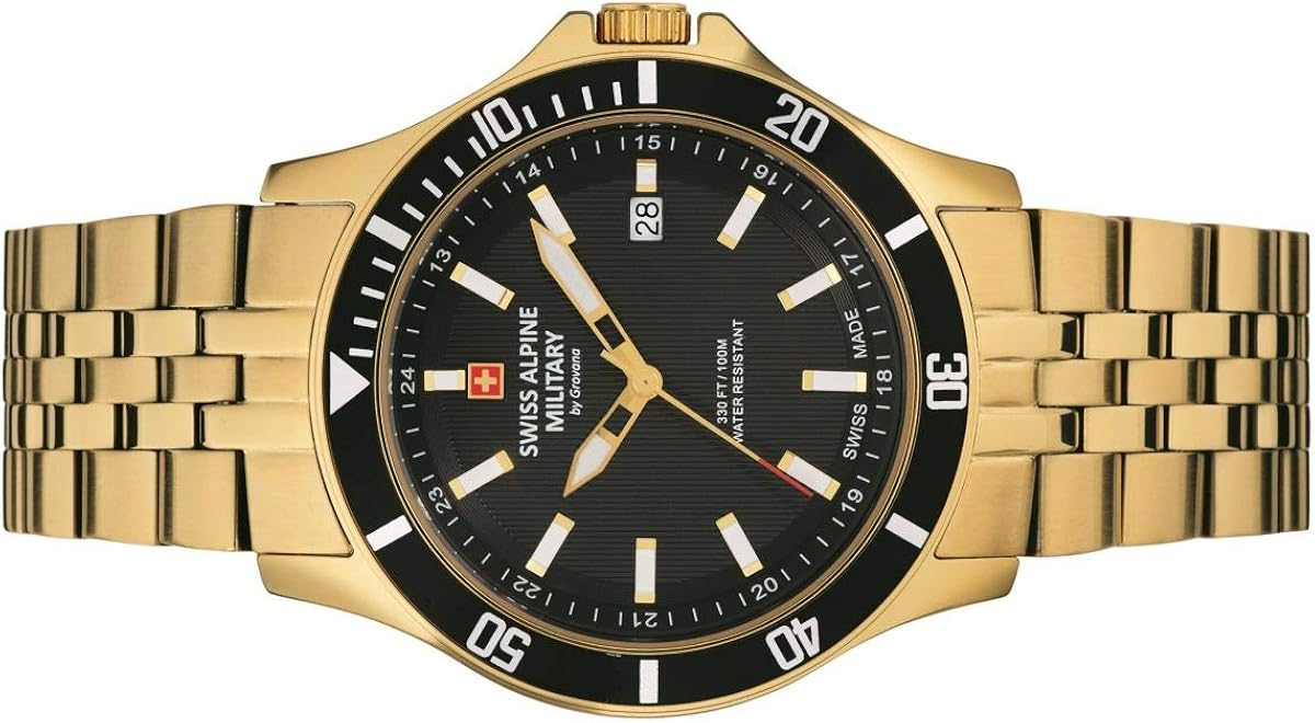 Swiss Alpine Military Men's Watch, Analogue Quartz 7022.1 Stainless Steel, Gold/Gold/Black - 1117sam, Bracelet - Image 3