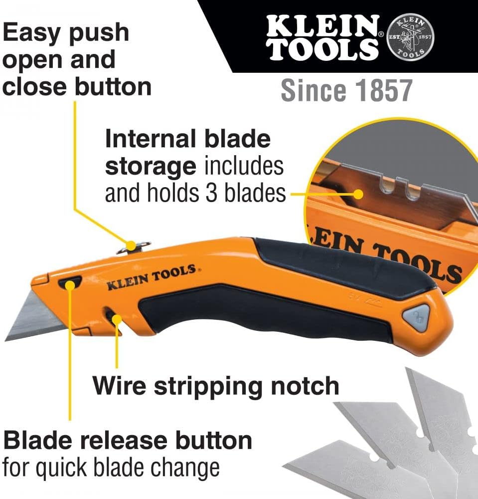 Klein Tools 44133 Heavy Duty Utility Knife, Retractable, Adjustable, with Wire Stripper, Klein-Kurve Handle