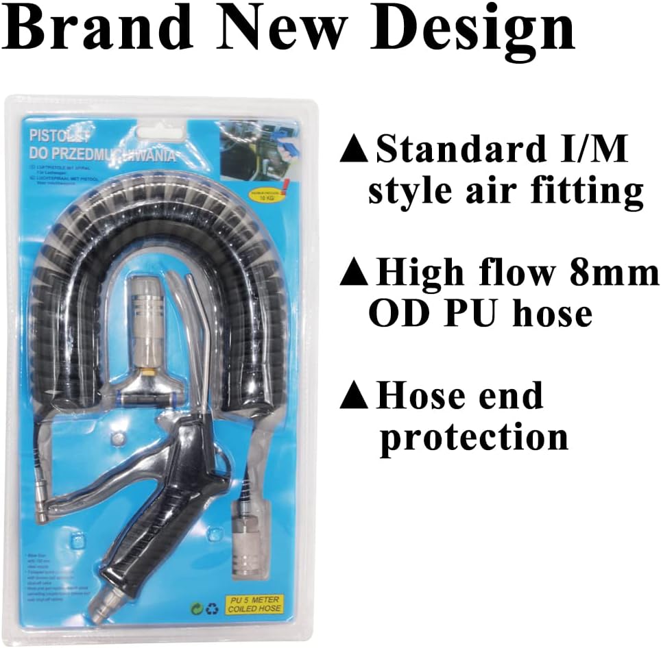 Beduan Air Blow Gun Kit with 16ft Long Pneumatic Pu Hose, Heavy Duty Air Duster Gun for Air Compressor(Black)