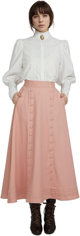 daizbella Renaissance Skirt Women High Waist Maxi Skirts for Women Medieval Retro Court Skirt Pink Button Ruffles