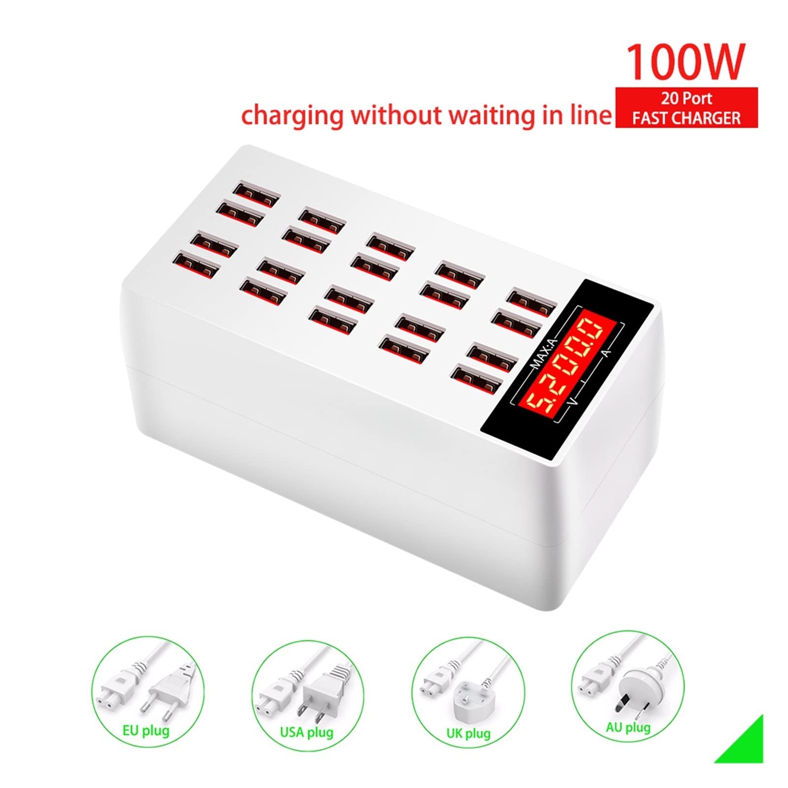 Ładowarka USB Stacja ładująca USB, stacja ładująca do wielu urządzeń Szybkie ładowanie z ekranem LCD Cyfrowy wyświetlacz do tabletów telefonicznych Smartfonów Przenośna konstrukcja(820)