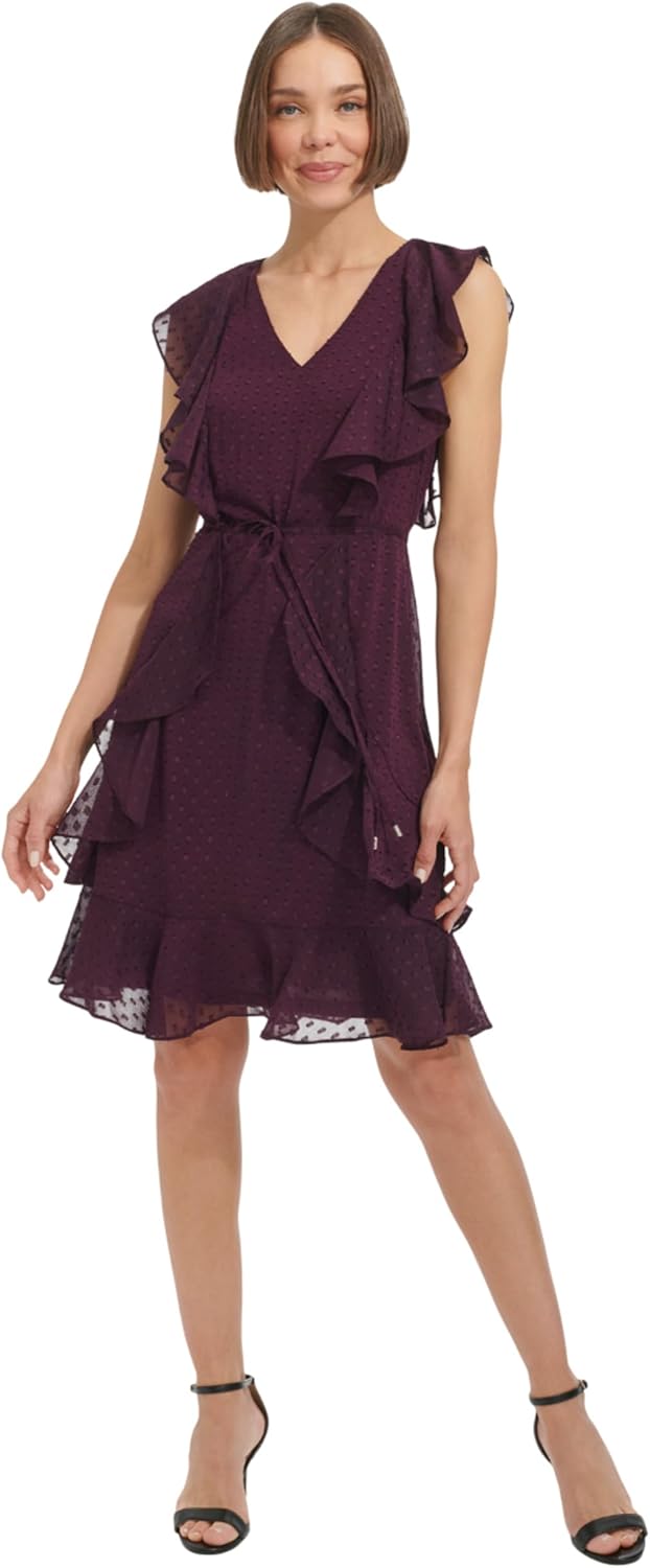 Tommy Hilfiger Womens Ruffle Trim Tie Waist Chiffon Mini Dress