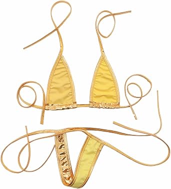 Women Shiny Micro String Bikini Swimsuit Halter Lace-up Bra Top with G-String Thong Swimwear