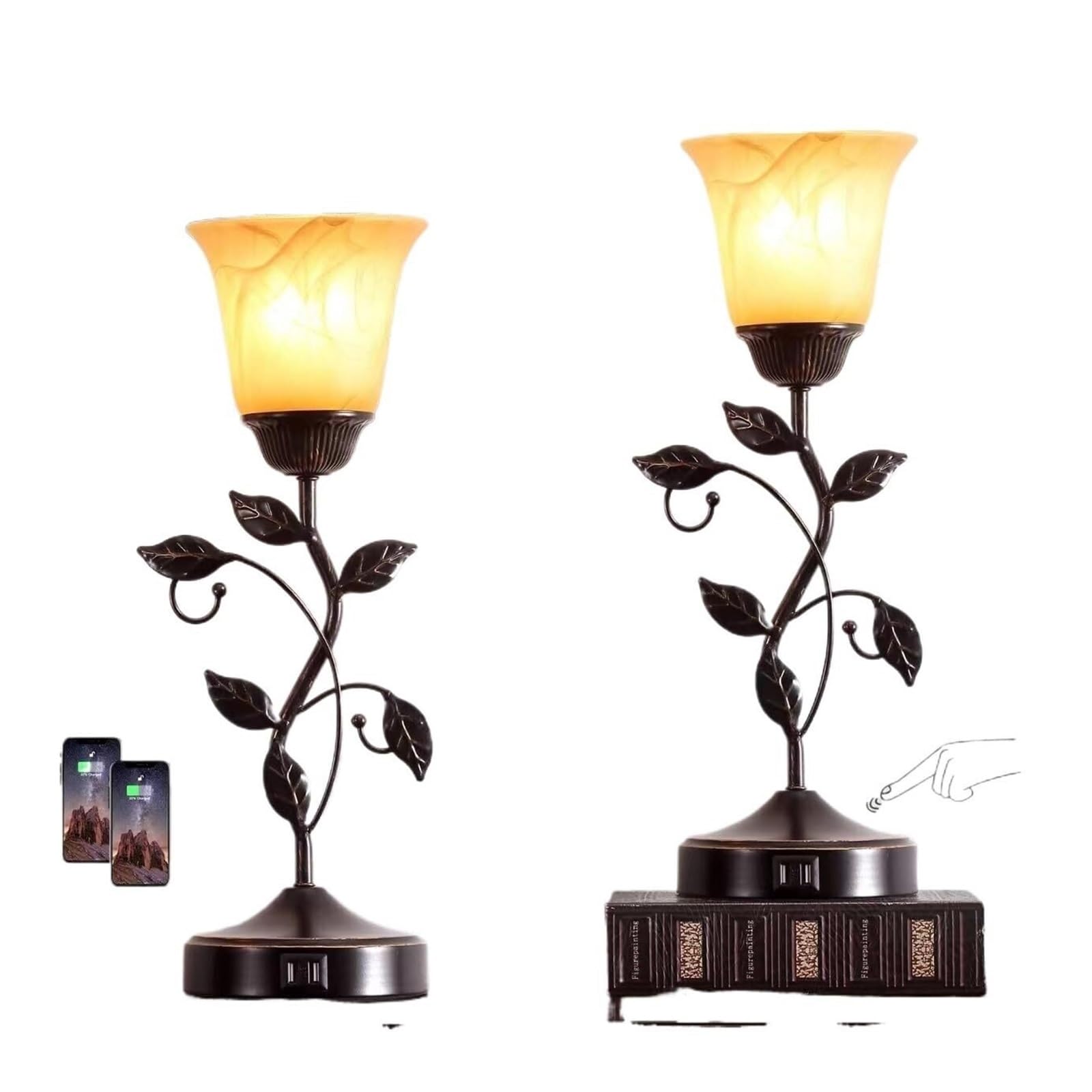 Lampe de chevet tactile, lot de 2, abat-jour en verre ambré, style feuille vintage, idéale for les chambres et les bureaux. lampe de bureau