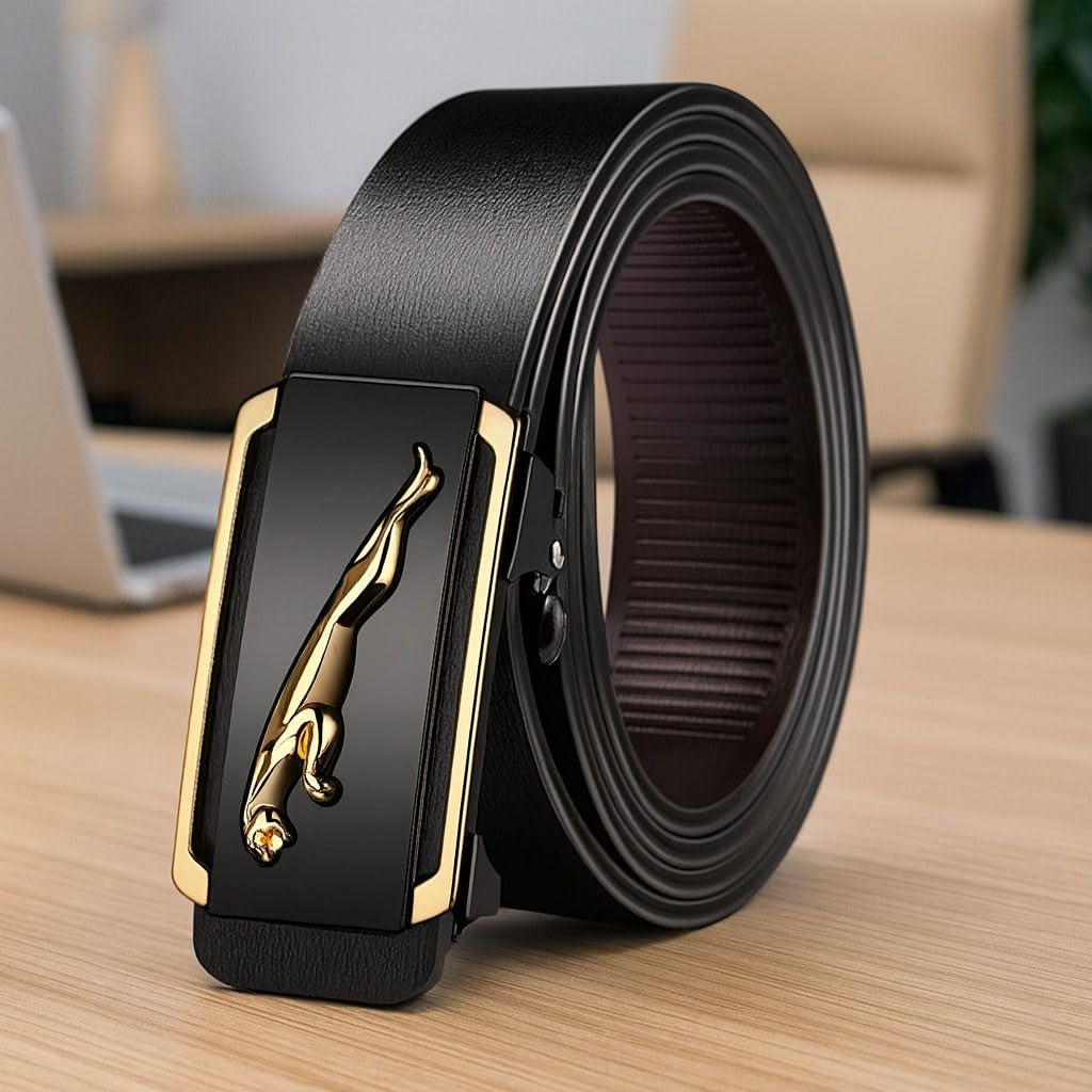 Men's Black Leather Belt with Gold Jaguar Automatic Buckle, Formal Style-image-38