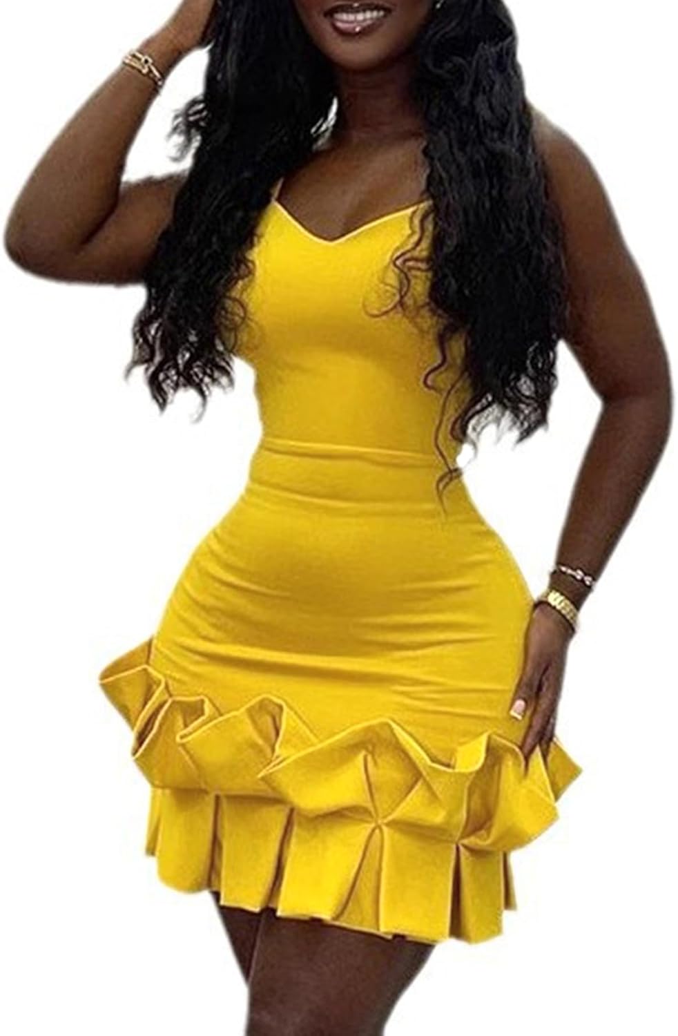 LAJIOJIO Women's Sexy V Neck Mini Dress,Sleeveless Club Outfit Ruffle Hem Bodycon Dresses