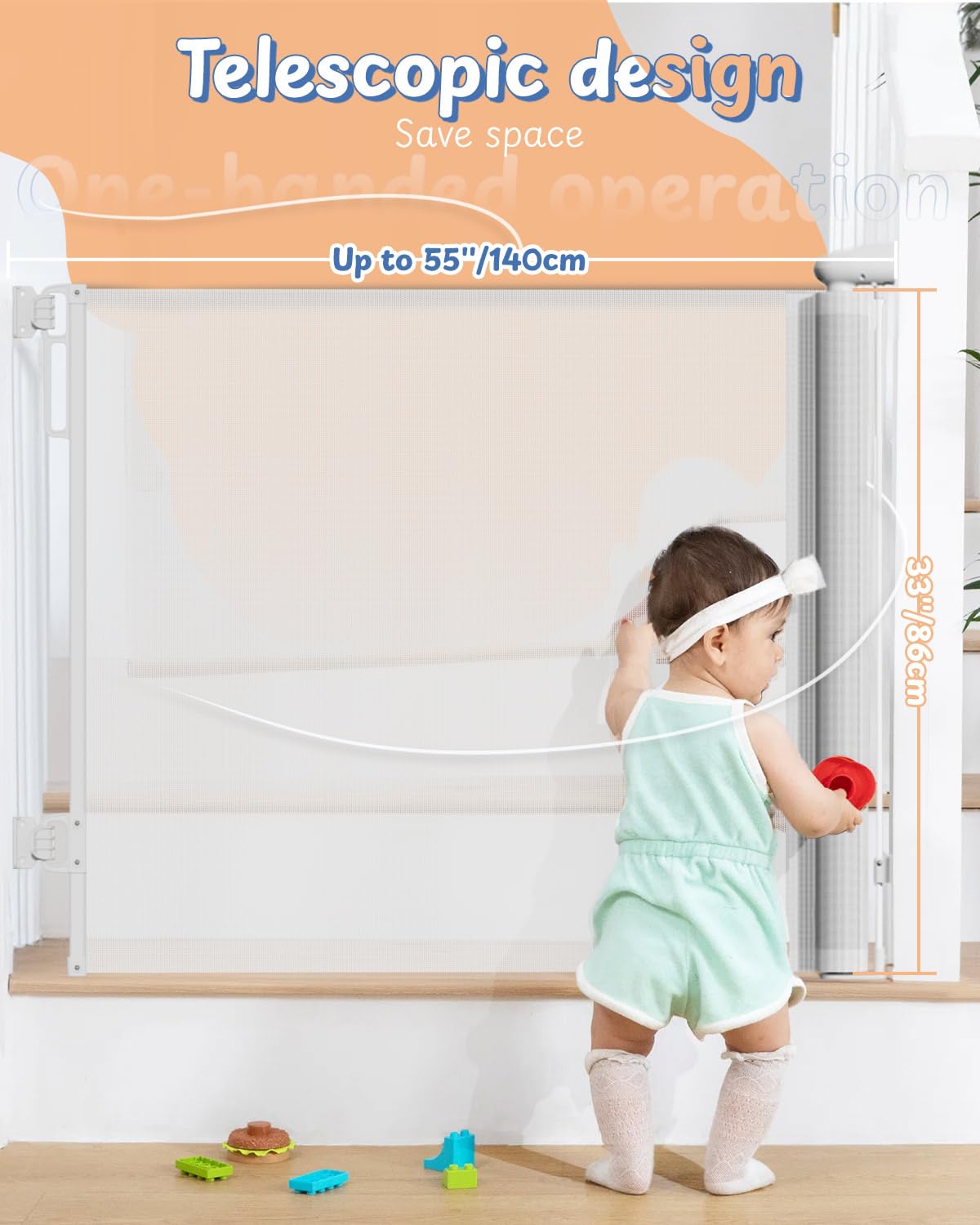 Cancelletto retrattile per scale e animali domestici, cancello di sicurezza per neonati e cani, altezza 85 cm, con una sola mano, barriera salvaspazio per interni ed esterni, per porte, corridoi