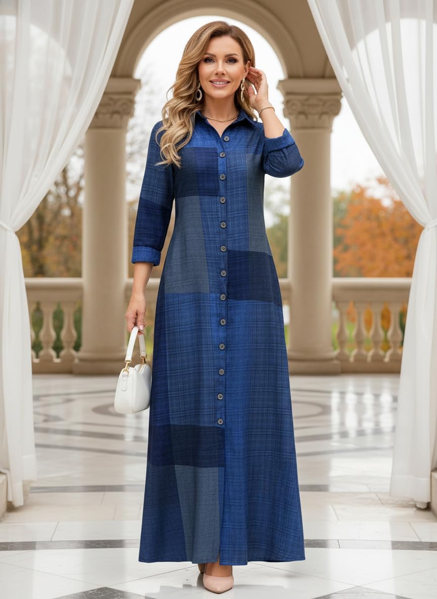 Women's Casual Boho Maxi Shirt Dress Long Sleeve Button Down Floral Patchwork Loose Fit Long Dress with Pockets - Image 2