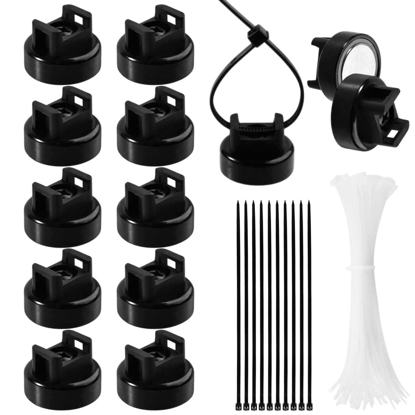 SPEEDWOX 10PCS Magnetic Zip Tie Mount Multipurpose Cable Holder with 100PCS Nylon Cable Ties Magnetic Zip Tie Mount Heavy Duty Magnetic Cable Zip Tie Management Base Electrical Supplies for Wire