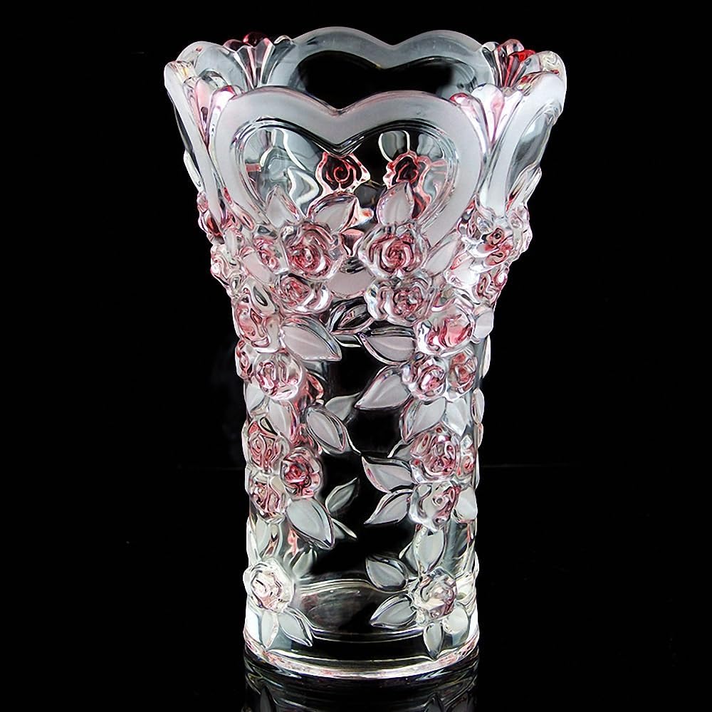 Large Crystal Glass Pink Vase 11.8" Tall, Unique Design -Pink Plum Blossoms Vase. Modern Vases for Living Room, Bedroom, Kitchen, Dining Table, Mantle, Wedding,