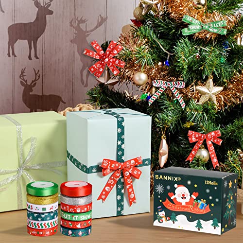 Sannix 12 Rolls 60 Yard Christmas Ribbon For Gift Wrapping, 3/8 Inch Snowflake Santa Christmas Wrapping Ribbon Printed Grosgrain Satin Holiday Ribbons For Xmas Decoration Diy Crafts #TOP2