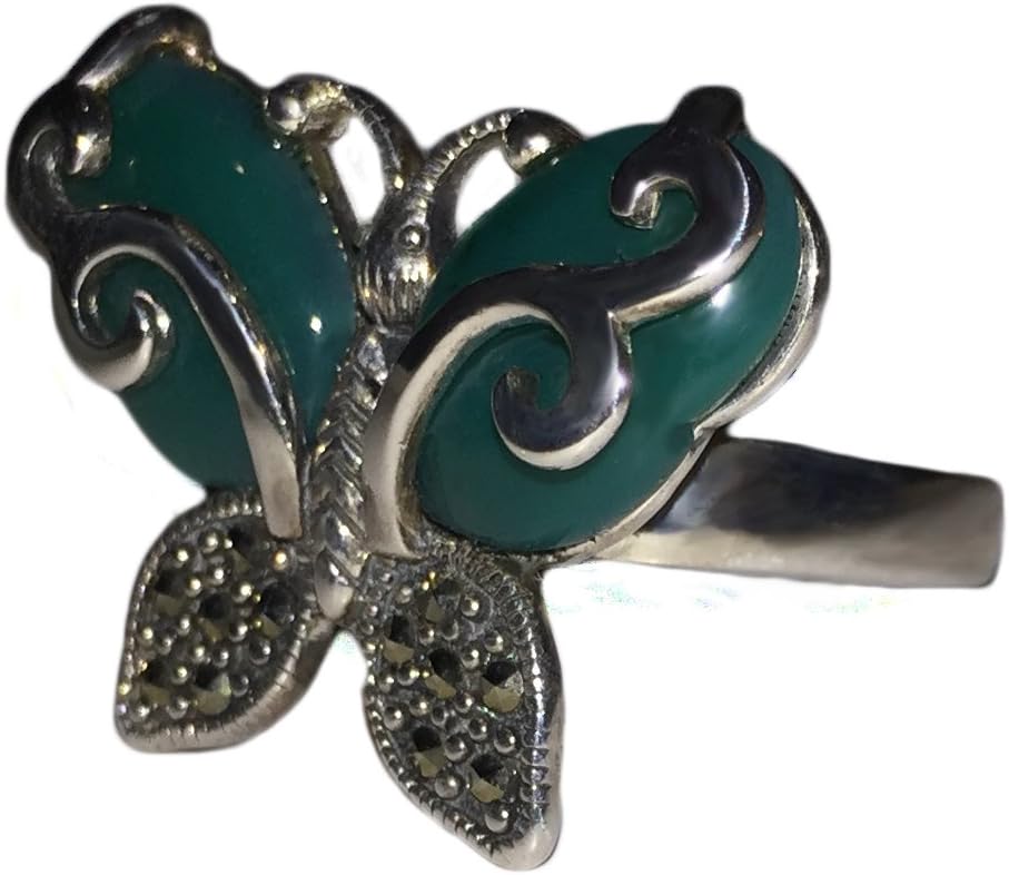 Steling Silver Marcasite Green Butterfly Ring