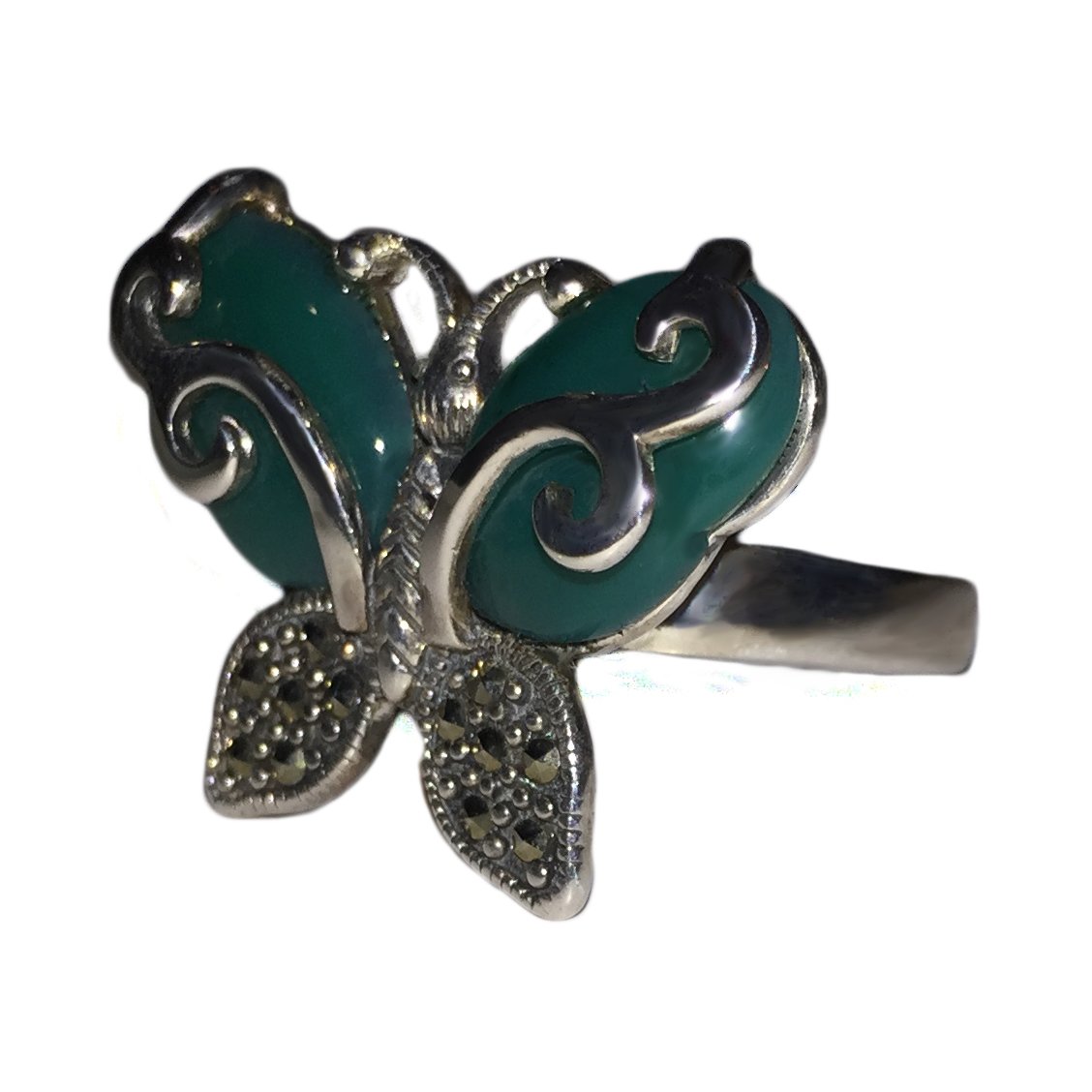 Steling Silver Marcasite Green Butterfly Ring