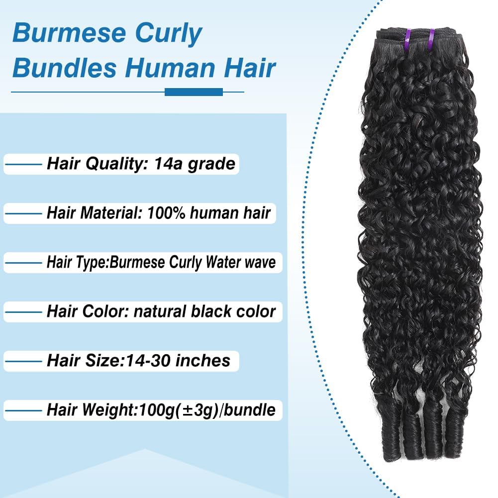 Burmese Curly Bundles 100% Unprocessed Wet And Wavy 4 Bundles 24 26 28 30 Inch 14A Burmese Curly Bundles Human Hair with Spiral Curls End Quick Weave Hair for Women Double Weft Natural Color
