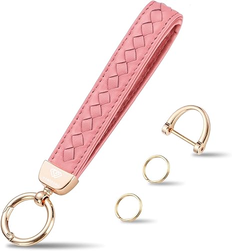 Miniatura 11 de Llaveros de cuero genuino, llaves de coche de piel de oveja tejidas a mano para mujeres, soporte universal para llavero con rotación de 360 grados