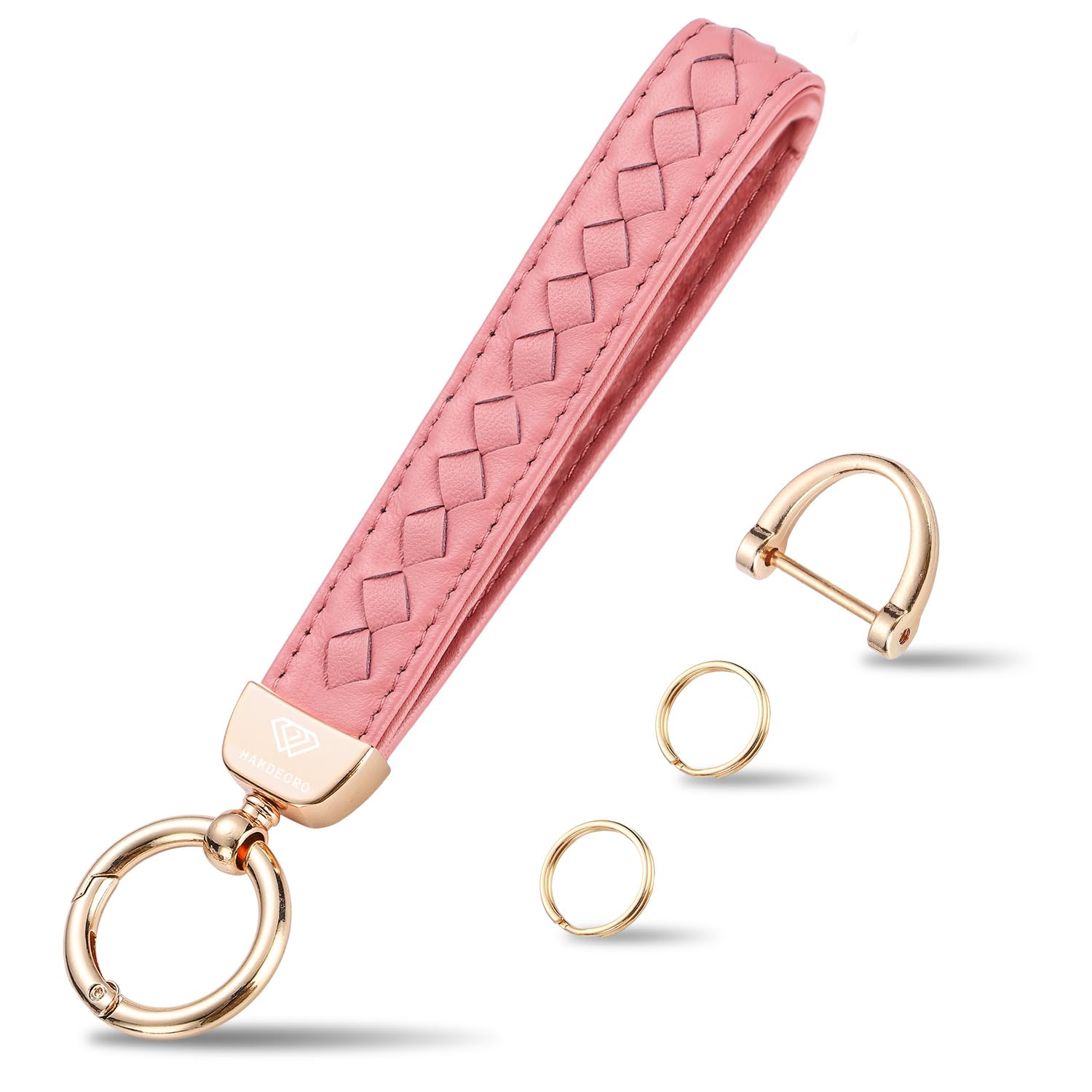 Hamdecro Genuine Leather Car Keychain, Handmade Knit Sheepskin Key chains for Women, Universal Key Fob Holder with 360 Degree Rotatable, Anti-Lost D-Ring, 2 Keyrings and 1 Screwdriver, Pink