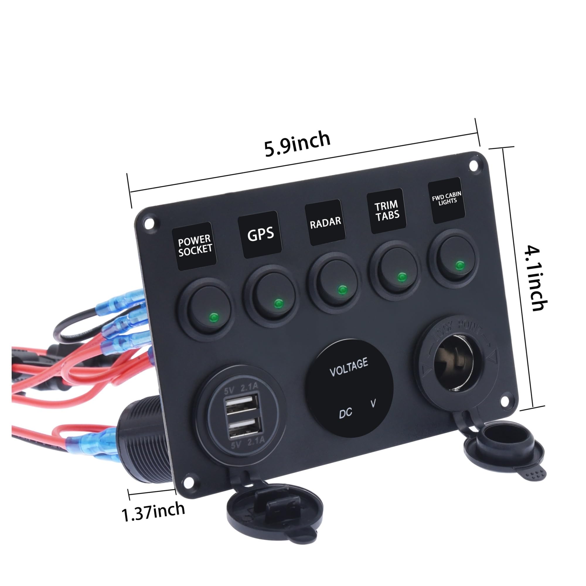 Panel przełącznika kołyskowego LED z woltomierzem cyfrowym podwójny Port USB połączenie gniazda 12V wodoodporne przełączniki do samochodu łódź morska (Color : Blue A)