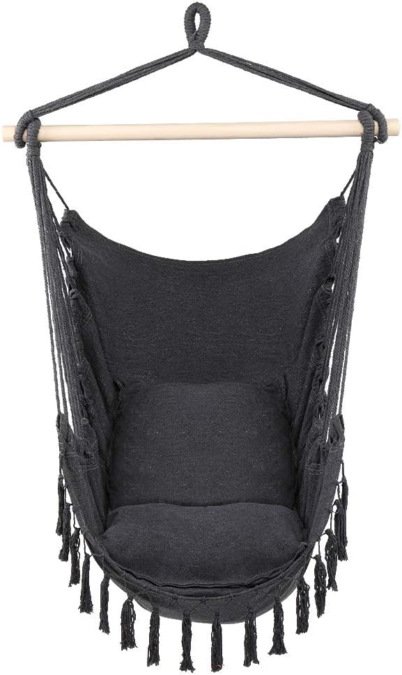1.5 * 1.2m Tassel Plus Pillow Hanging Chair Large Macrame Hanging Chair with Pocket for Superior Comfort Gray