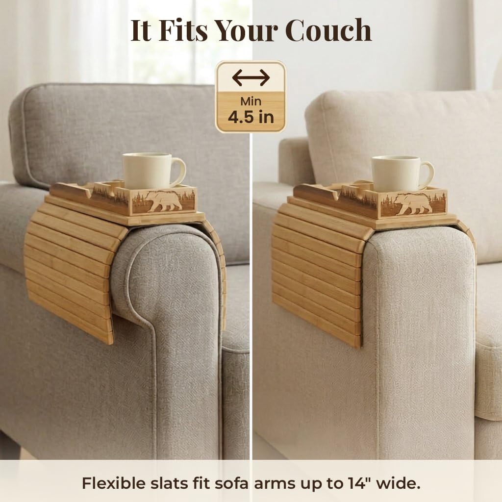 Bamboo Couch Armrest Table, 2-in-1 Foldable Sofa Arm Tray with Scratch-Free Phone Holder & Cup Holder, Non-Slip Surface Fits Most Armrests, for Drinks Snacks Remote, Housewarming Gift image 3