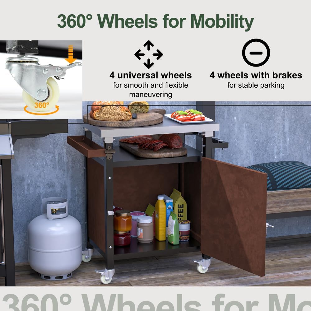 Outdoor Grill Cart with Stainless Steel Tabletop, Storage, Patio Kitchen Island with Wheels, Hooks, and Spice Rack, Waterproof Outdoor Grill Table, Movable BBQ Serving Cart Rolling Bar Cart