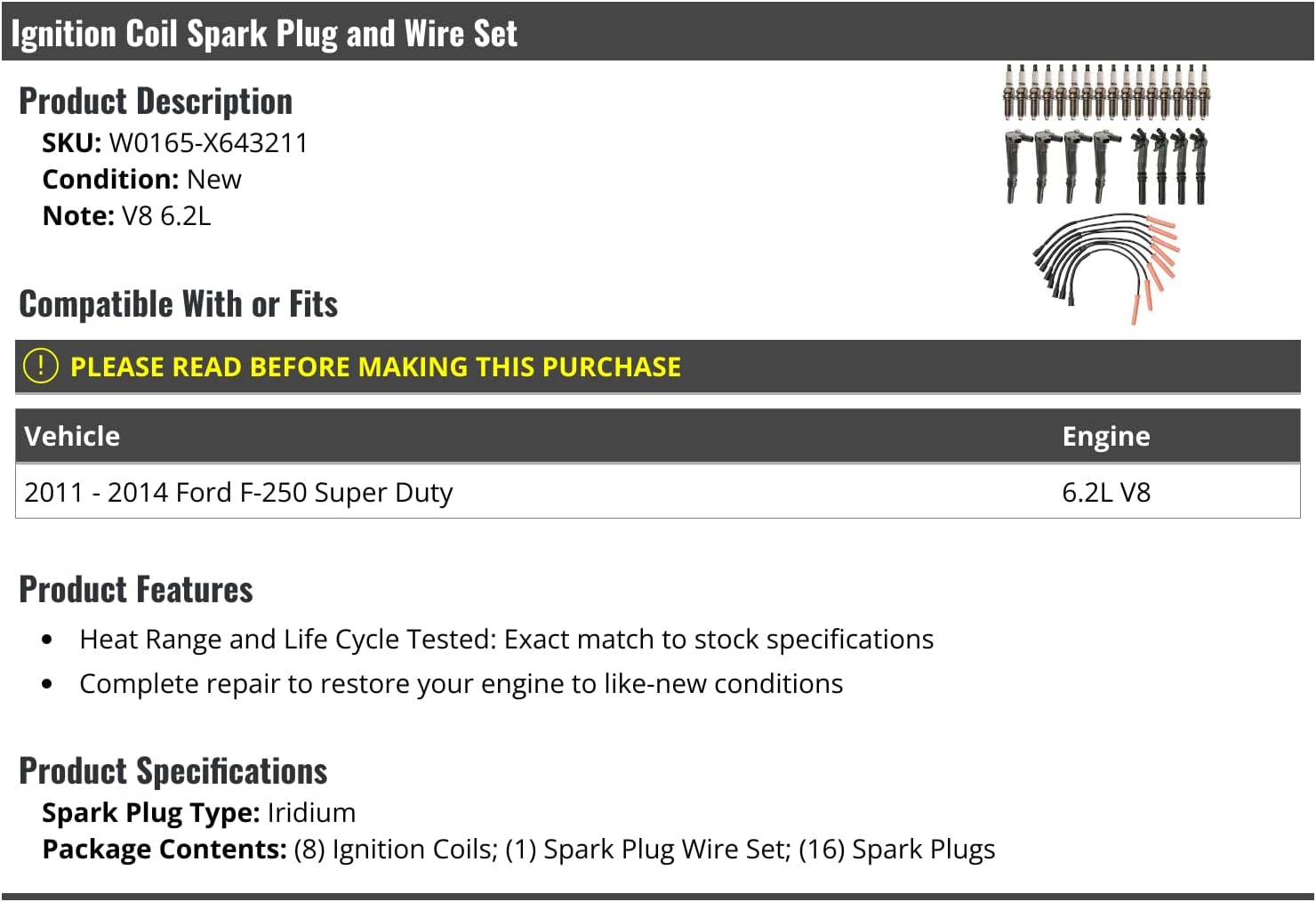 Marketplace Auto Parts Ignition Coil Pack Spark Plugs and Spark Plug Wire Kit - Compatible with 2011-2014 Ford F-250 Super Duty 6.2L V8