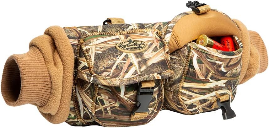 Rig'Em Right Waterfowl Soft Fleece Neoprene Hand Warmer Gear Belt for Bird Hunting - Features Large Ammo Pockets with Locking Cover, Zippered Pockets, and More (Mossy Oak Blades Camo)