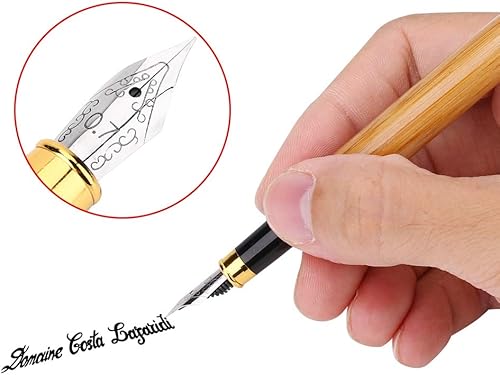 Vista 11 de Heayzoki Pluma estilográfica gótica, bolígrafos de caligrafía de lujo para escribir, pluma de tinta de madera de bambú elegante vintage, bolígrafo