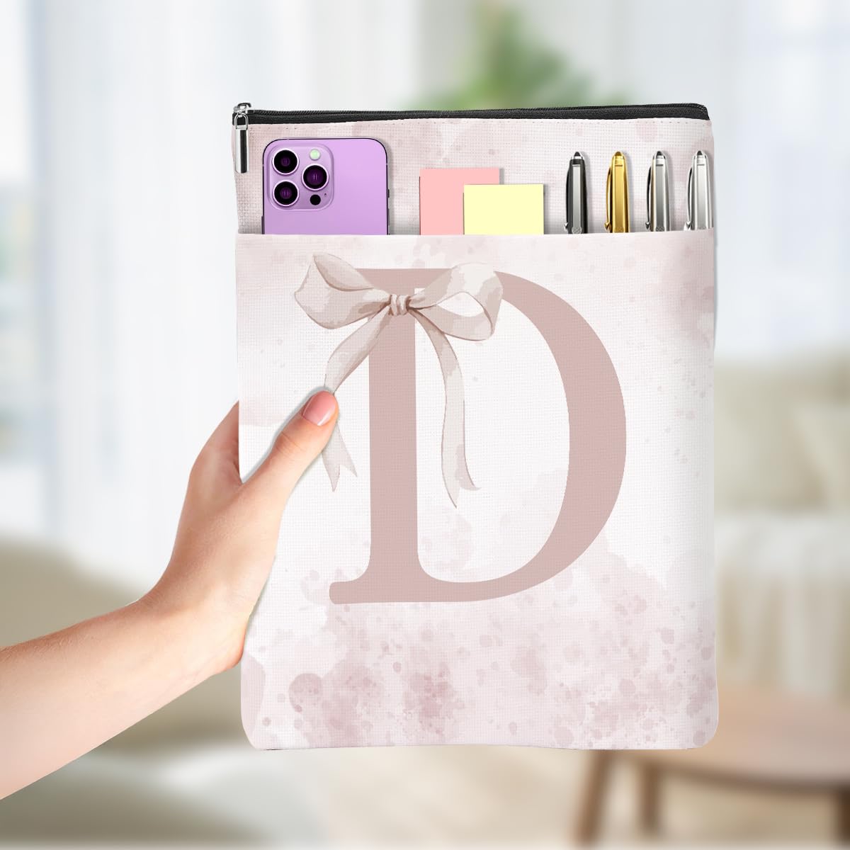 Cute Pink Bow Initial D Personalized Gifts Book Sleeve Book Covers for Paperbacks Waterproof Books Protector with Zipper Bookish Gifts Reading Accessories for Women Friend Reader Bridesmaids Wedding