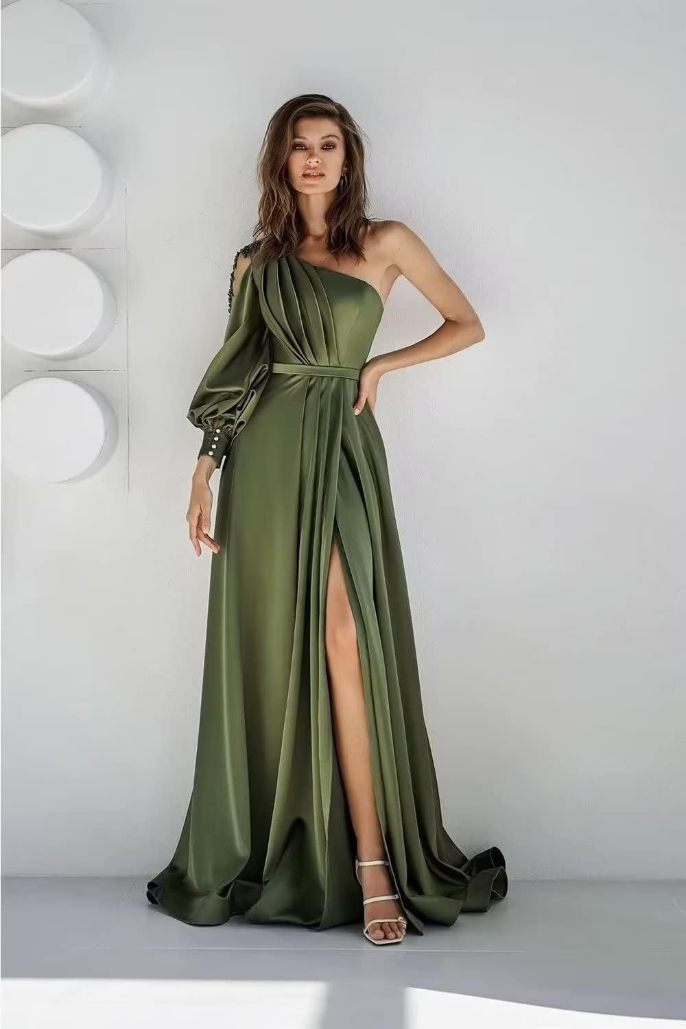 Dream Wedding Long Sleeve Prom Dress 2026 Pleated Formal Dress One Shoulder A-Line Evening Gown Satin Lace Appliques DR0161